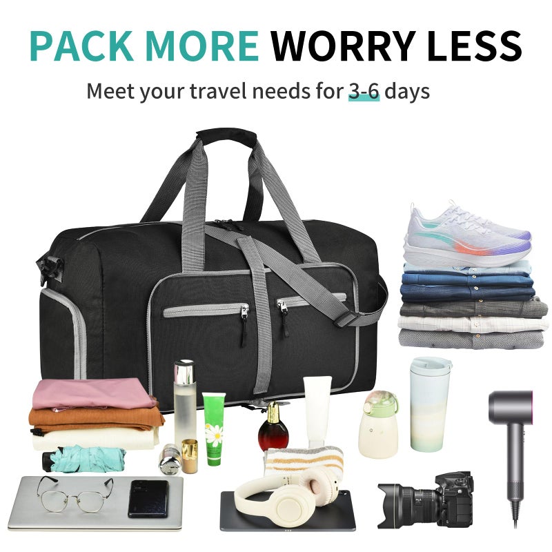 Dimayar 65L Travel Duffle Bag for Men Women - Foldable Duffel Bag with Shoes Compartment - Overnight Bags Waterproof & Tear Resistant(Black) - Image 4
